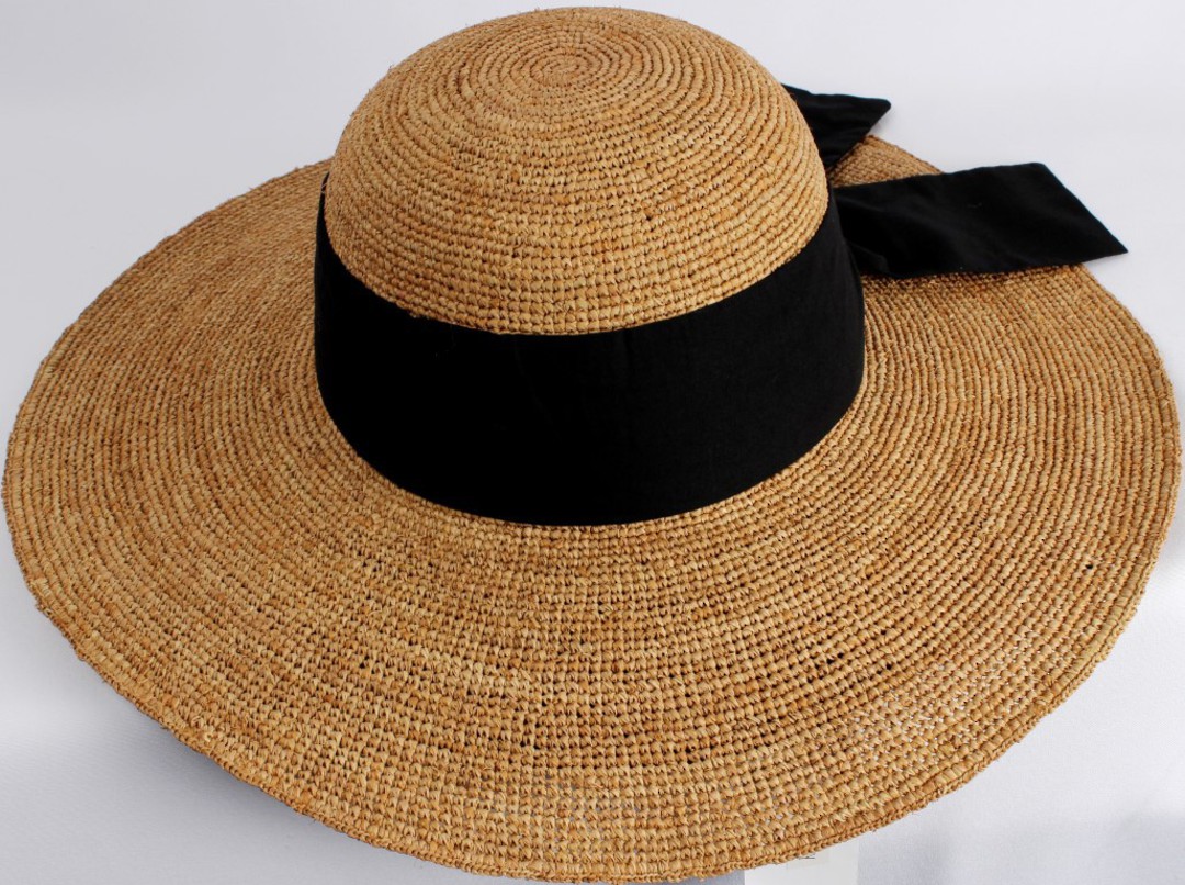 HEAD START classic wide brim  raffia sunhat w wide black band and bow  Style: HS/1424/TAN image 0